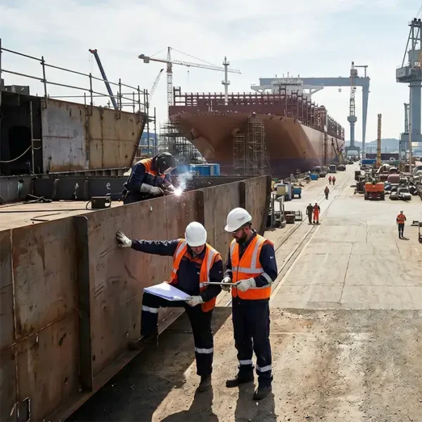 Sudor naval, tubulatori și montatori structuri Donnaluce lucrând la construcția unei nave într-un șantier naval modern.