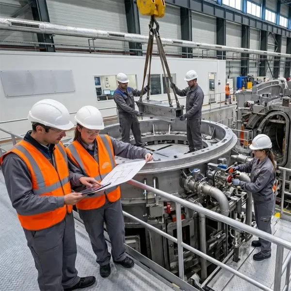 Echipă tehnică într-un hangar industrial asamblând un reactor nuclear de fuziune. Macara coborând o piesă masivă, ingineri cu tablete și reactorul principal în fundal.